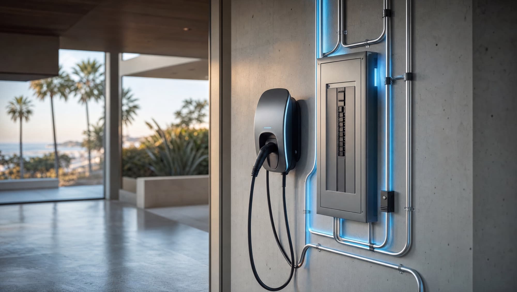 Modern EV charger and electrical panel install by CaliSpark Electric in San Diego